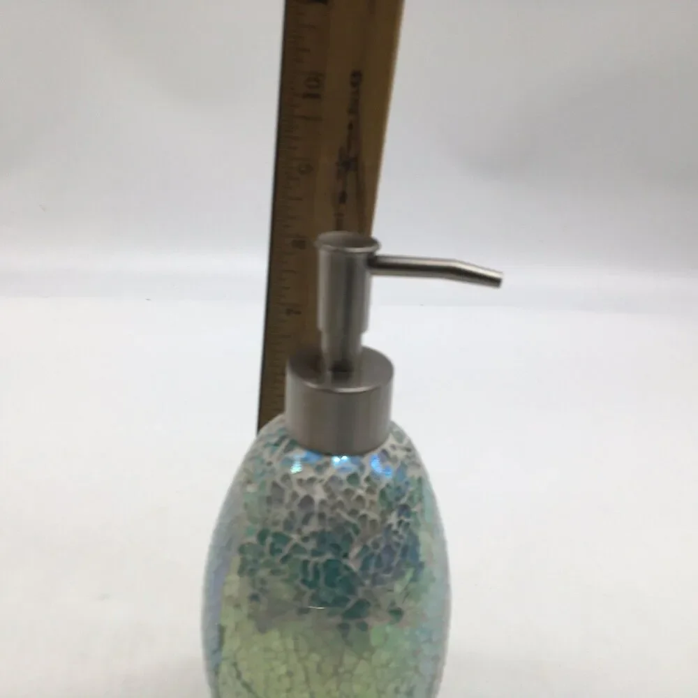 Blue Green Mosaic Glass Silver Tone 8” Soap Lotion Dispenser Never Used READ
